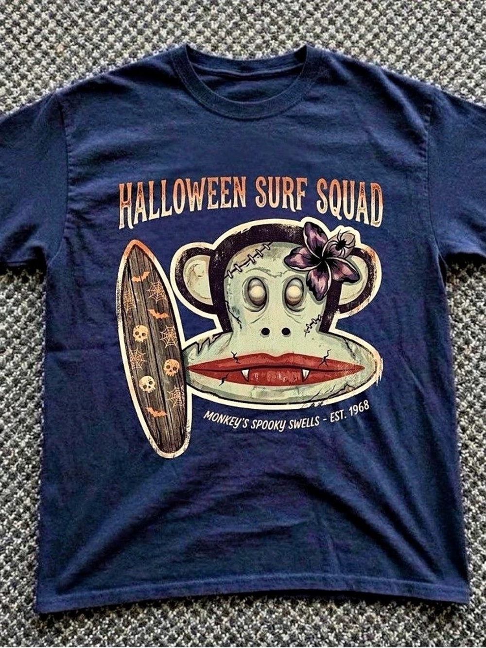 Halloween Surf Squad Monkey Surfboard Flower Vintage Navy T-Shirt